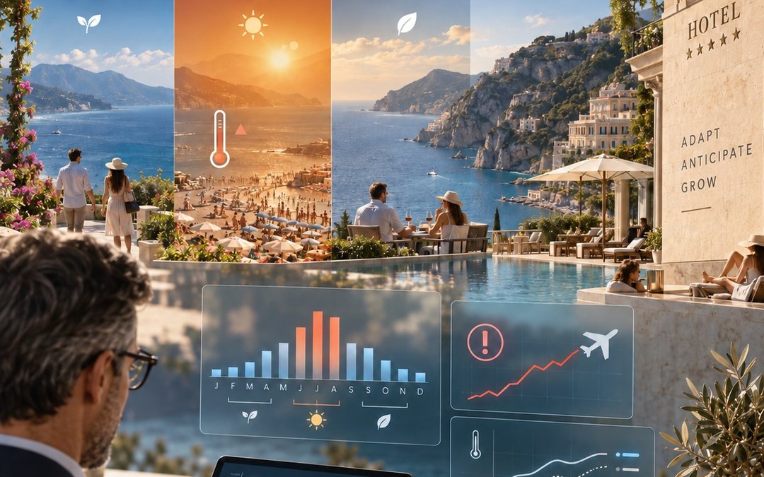Revenue manager che analizza domanda e clima sulla terrazza di un hotel sul Mediterraneo