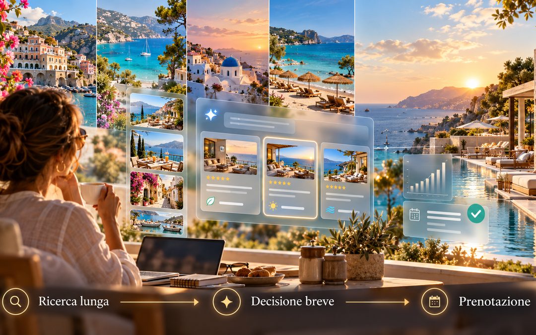 Viaggiatrice che confronta destinazioni e hotel con un assistente AI: ricerca lunga, decisione breve, prenotazione